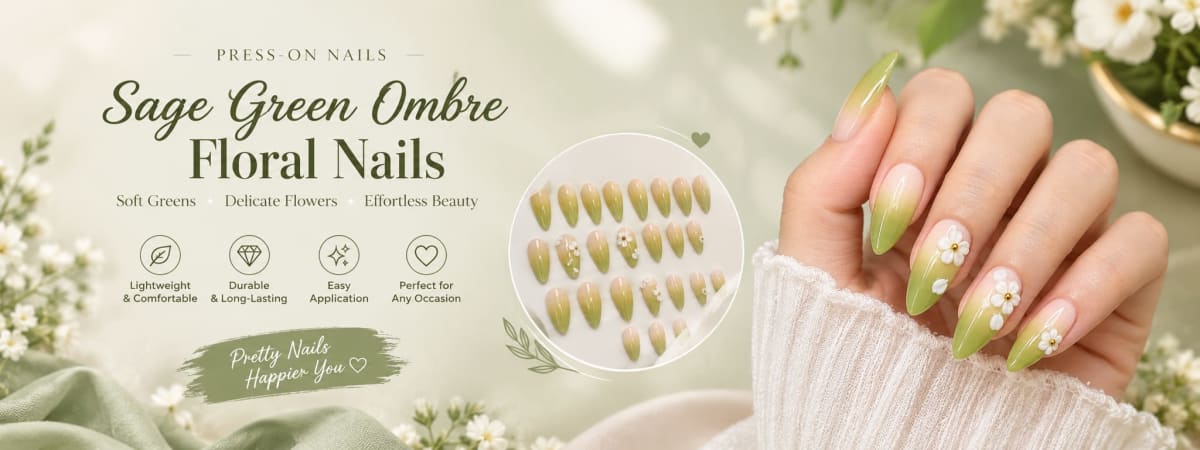Sage Green Ombre Floral Press-On Nails(24 pcs in a box)