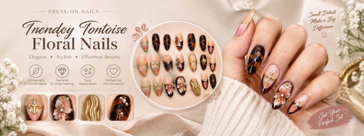 Trendy Tortoise Floral Press On Nails (24 pcs in a box)