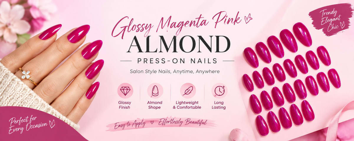 Glossy Magenta Pink Almond Press-On Nails(24 pcs in a box)