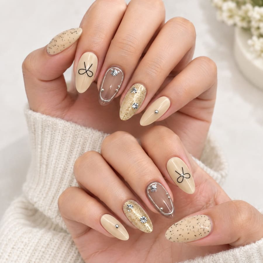 Elegant Nude Bow & Gold Glitter Press-On Nails(24 pcs in a box)