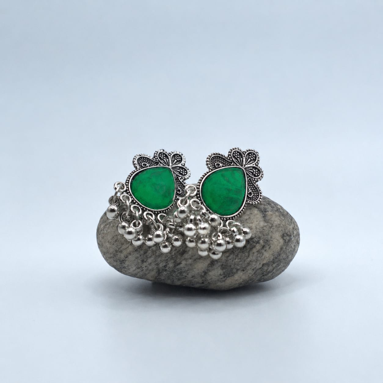 Oxidized Silver Green Stone Ghungroo Stud Earring