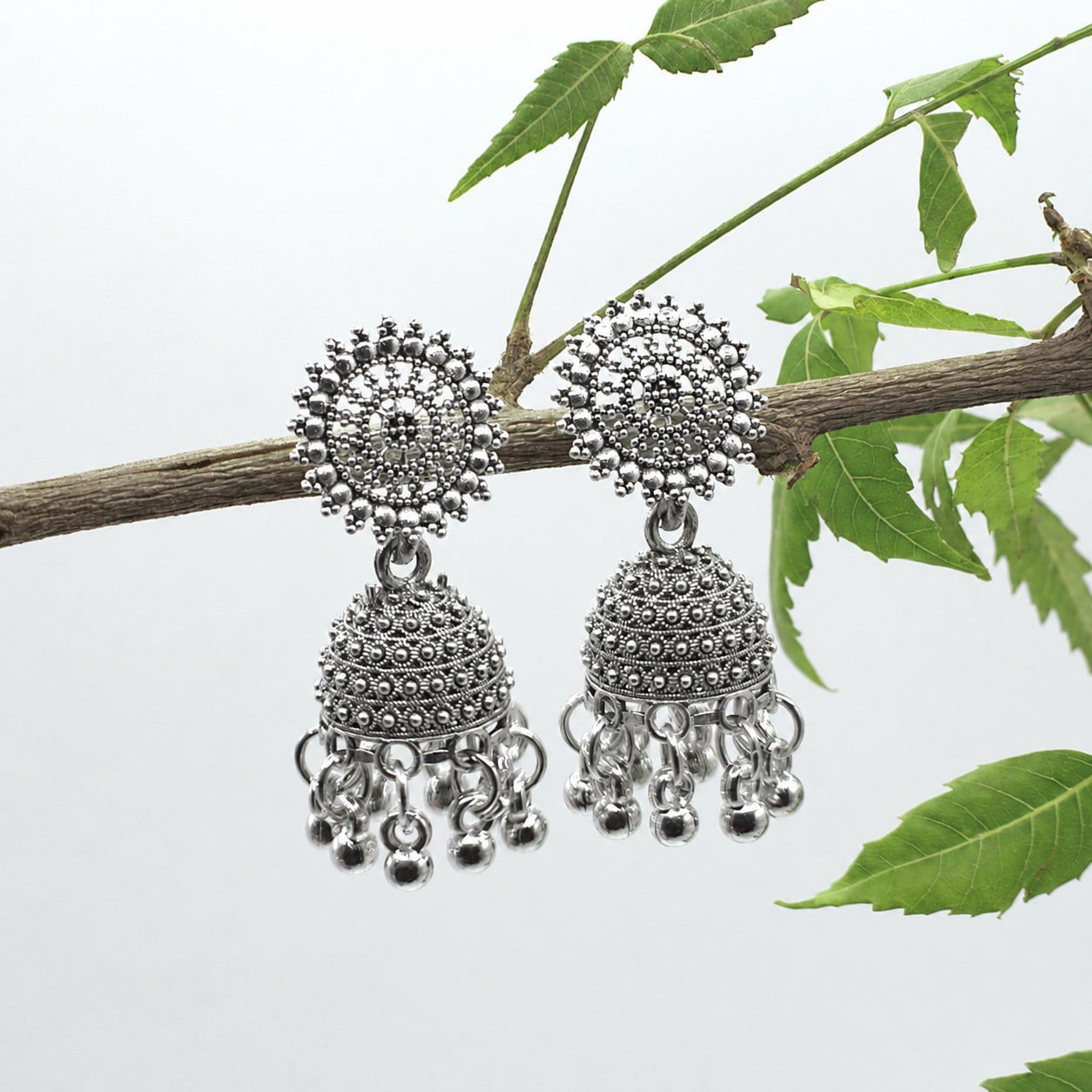 Antique Silver Floral Dome Jhumka - সিলভার ঝুমকা