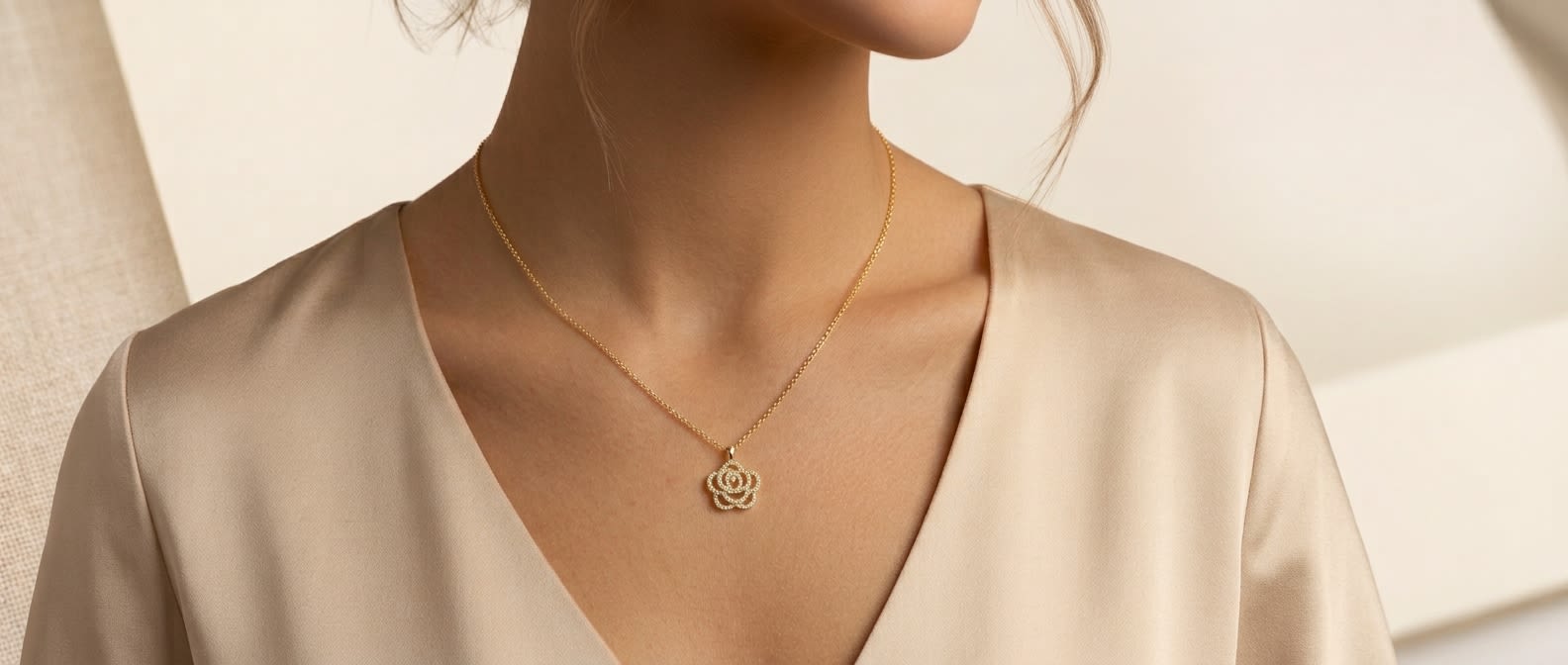 Elegant Gold Rose Pave Pendant Necklace