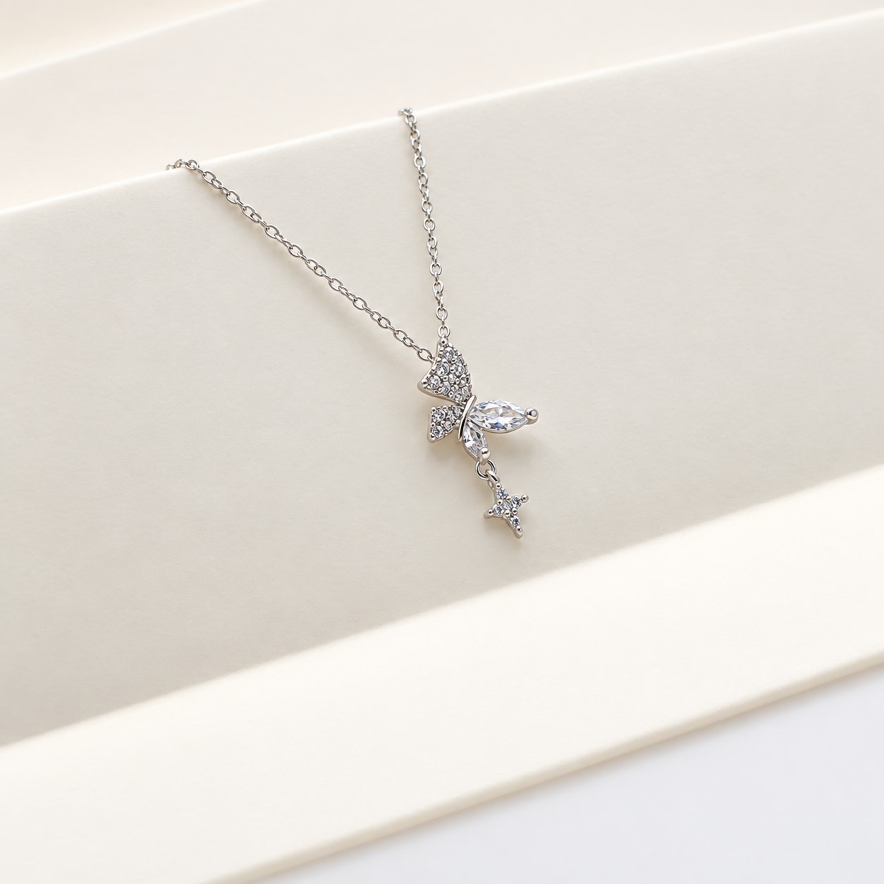 Silver Butterfly Crystal Pendant Necklace