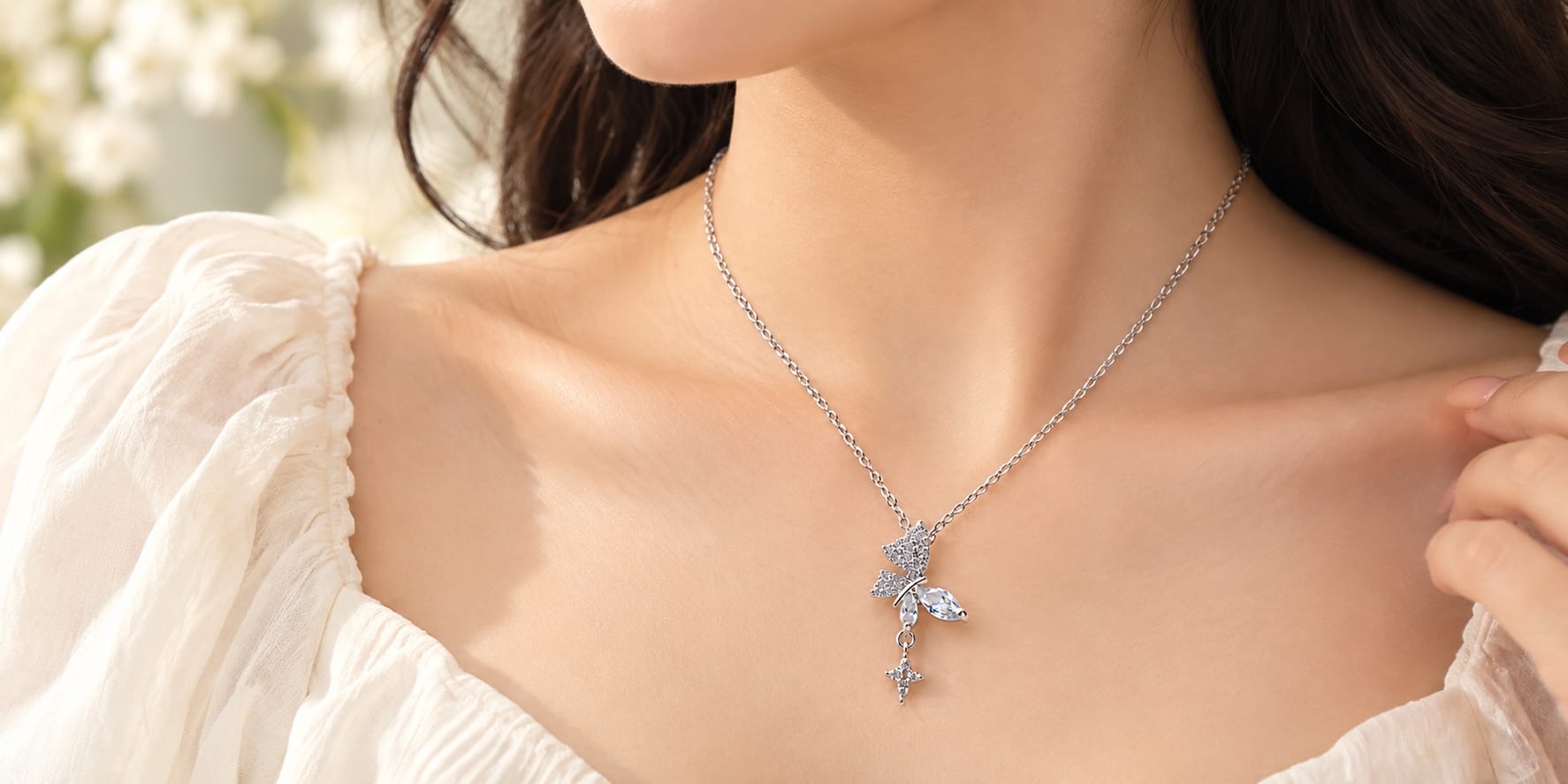 Silver Butterfly Crystal Pendant Necklace