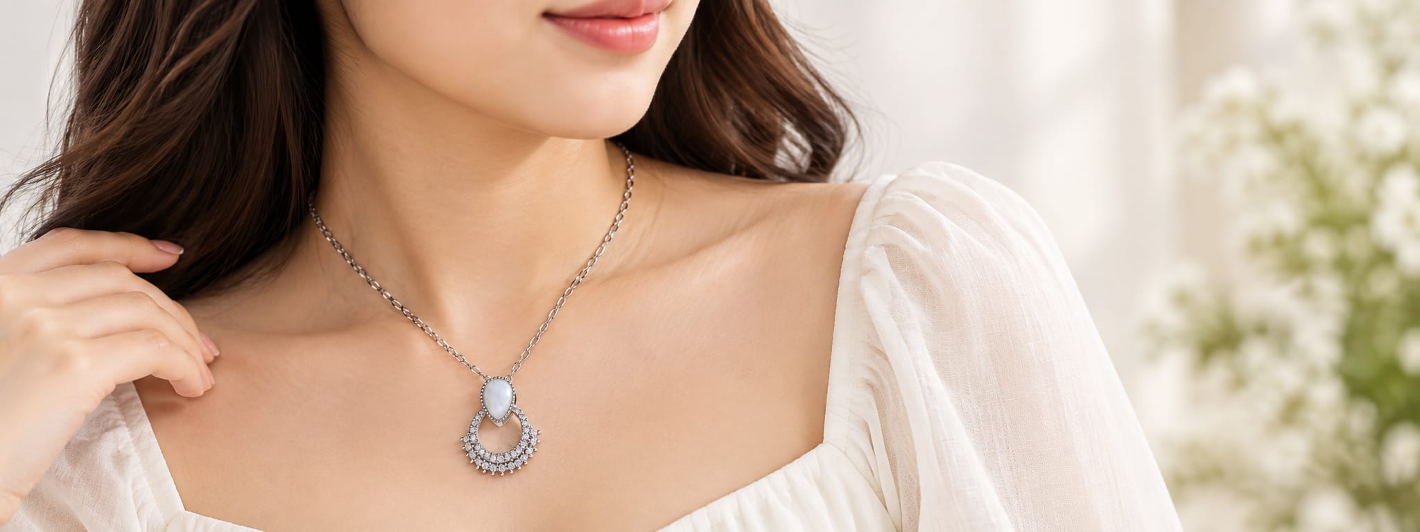 Pearl Glow Silver Teardrop Pendant Necklace