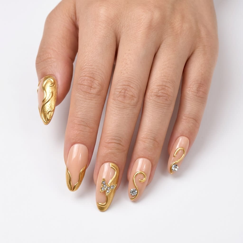 Luxury Nude Gold Butterfly Press-On Nails(24 pcs in a box)