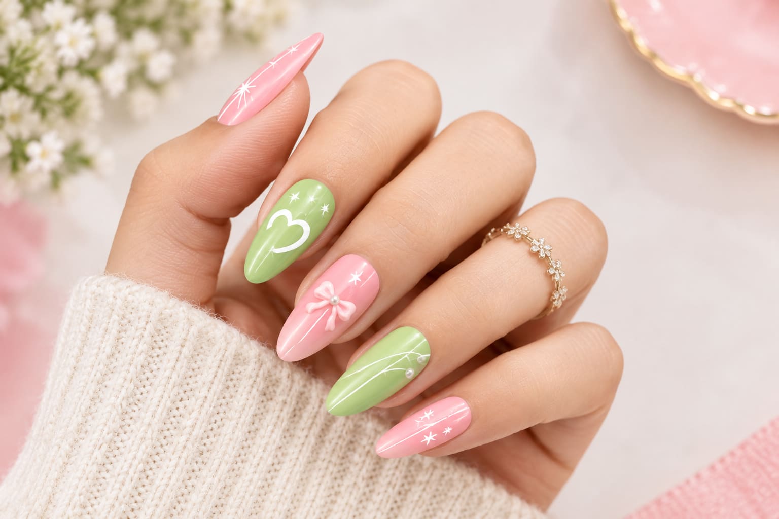 Elegant Pink & Green Bow Press-On Nails Set(24 pcs in a box)