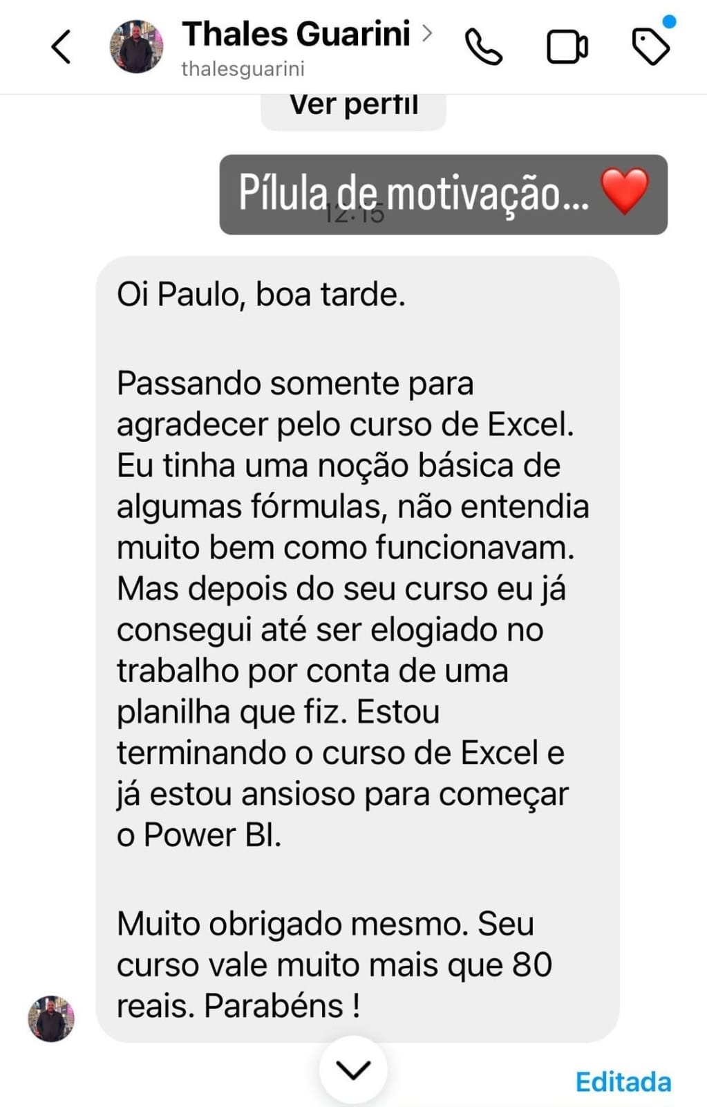 Depoimento 1 do Instagram