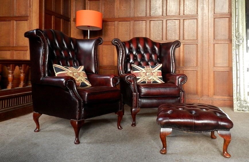 Pair of Victorian Style Oxblood Red Leather Chesterfield Club Armchairs & Stool