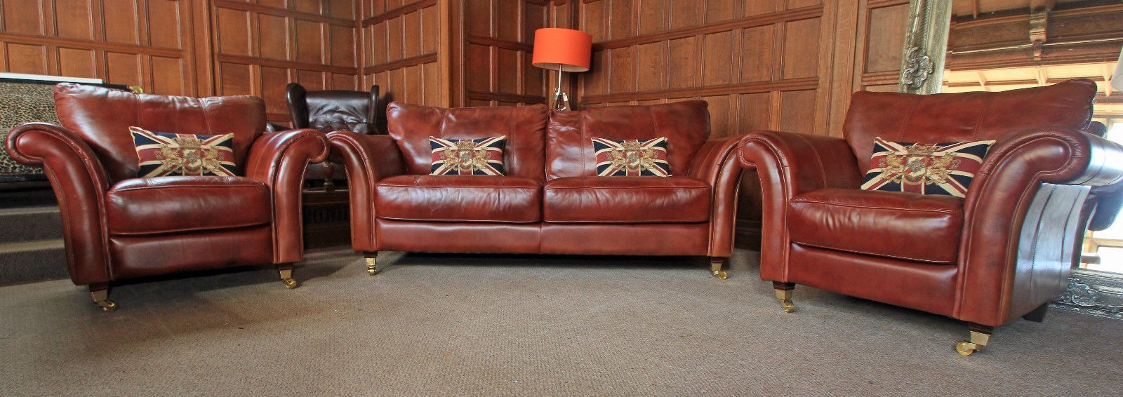 Victorian Style Chestnut Tan Brown Leather Suite 3 Seater Sofa Pair of Armchairs