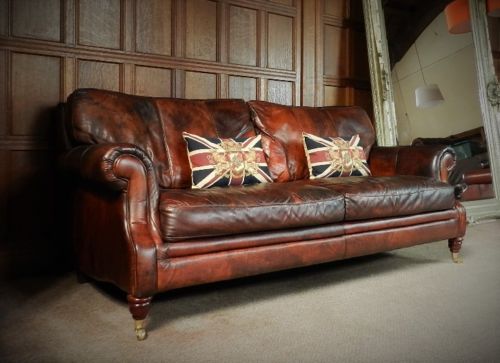 Victorian Style Hand Dyed Cigar Brown Leather 3 Seater Chesterfield Club Sofa