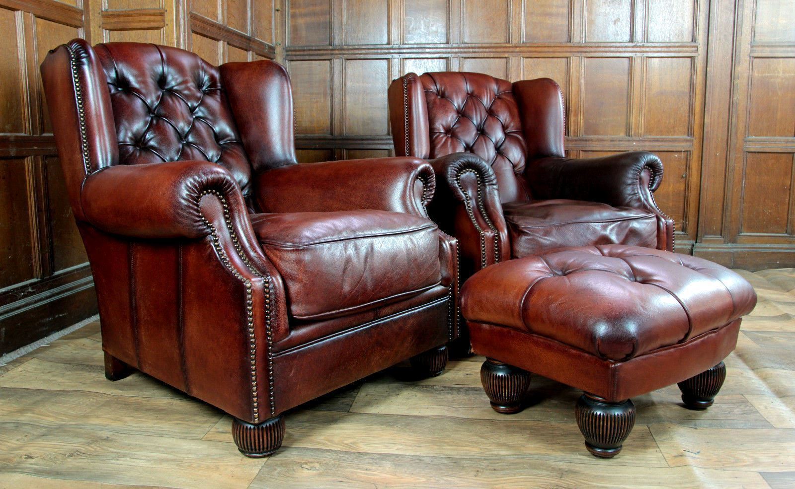 Tetrad Oskar Dfs Cigar Brown Leather Chesterfield Wingback Armchair 2 of a Pair