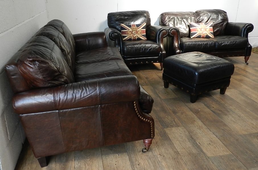 Victorian Style Brown Leather Chesterfield Suite 3 & 2 Seat Sofas Armchair Stool