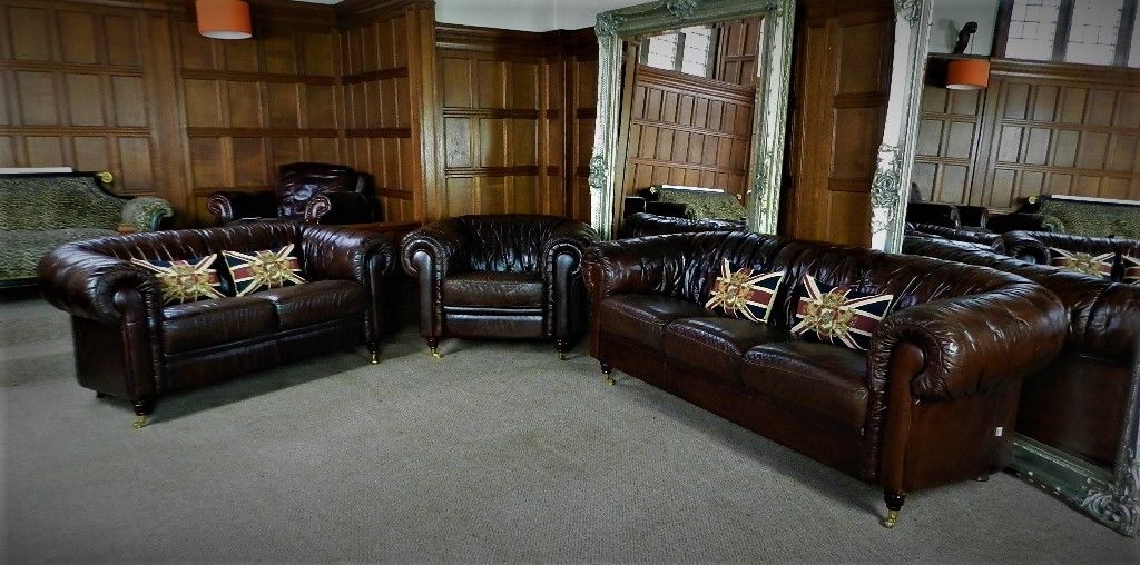 Victorian Style Brown Leather Chesterfield Suite 2 & 3/4 Seater Club Sofas Chair