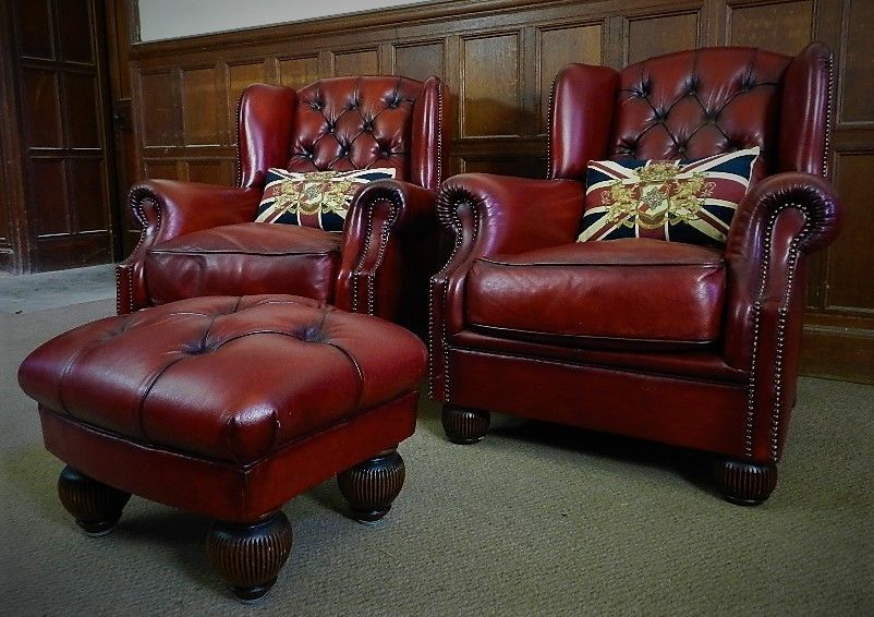 Tetrad Oskar Red Oxblood Leather Chesterfield Pair Wingback Chairs & Footstool