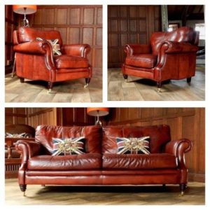 Victorian Style Chestnut Antique Tan Brown Leather Suite 3 Seat Sofa Pair Chairs