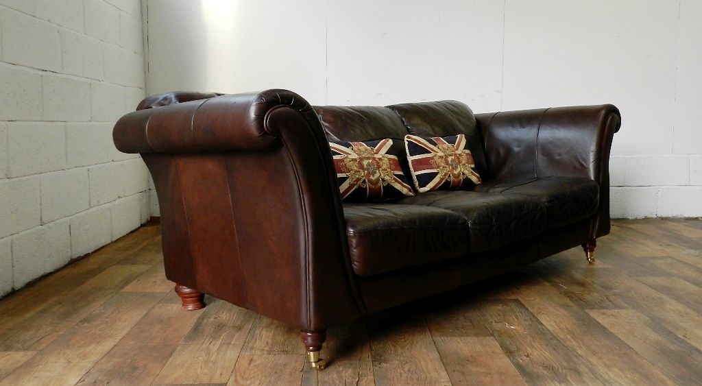 Victorian Style Hand Dyed Cigar Brown Leather Chesterfield 3 Seater Club Sofa
