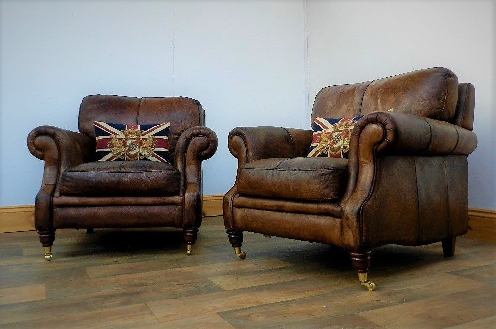 Pair of Victorian Style Hand Dyed Cigar Antique Brown Leather Club Armchairs