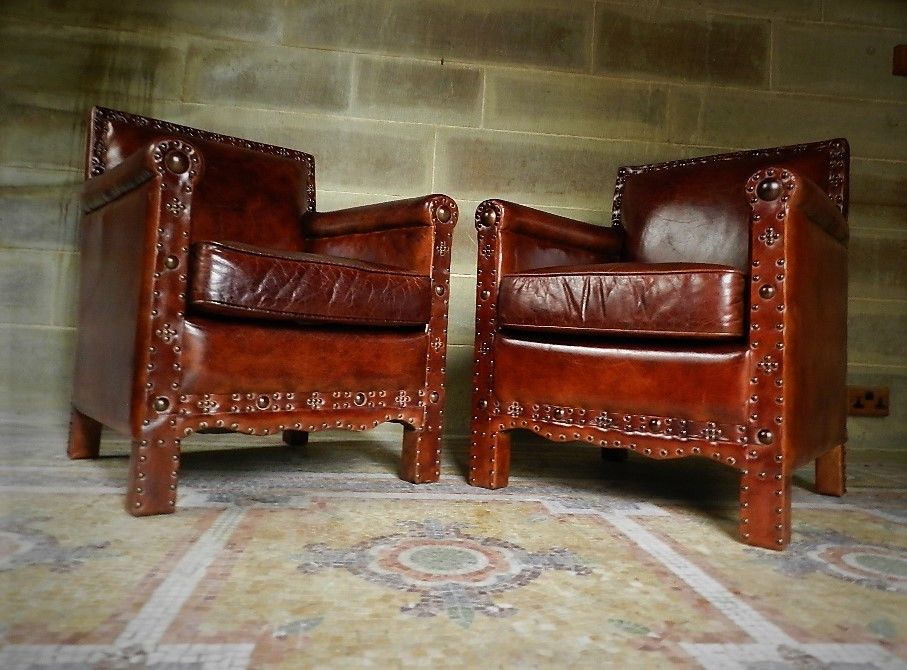 Pair of Small Liberty Style Arts & Crafts Chestnut Brown Antique Leather Chairs