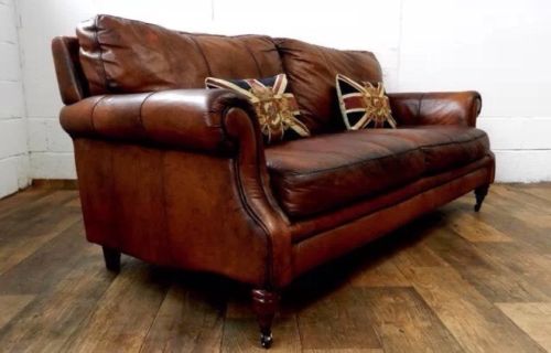 Victorian Style Hand Dyed Cigar Chestnut Tan Brown Leather 3 Seater Club Sofa