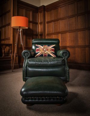 French Antique Green Hand Dyed Leather Chesterfield Club Library Armchair Stool