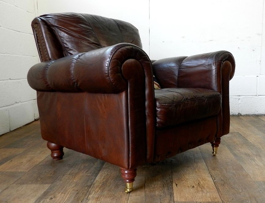 Victorian Style Cigar Antique Conker Brown Leather Chesterfield Club Armchair