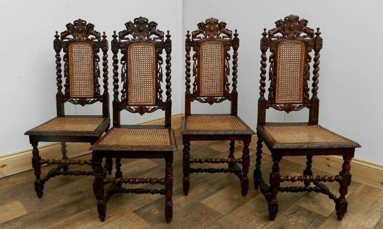 4 French Carved Oak Bergere Chairs