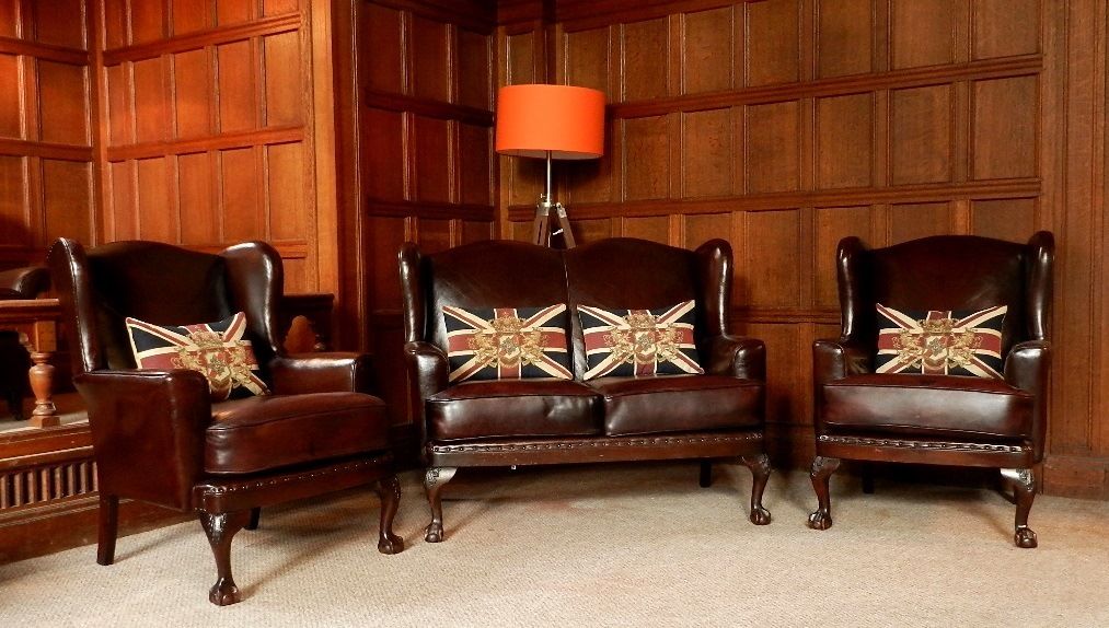 Antique Brown Leather Chesterfield Suite 2 Seater Club Wing Sofa Pair of Chairs