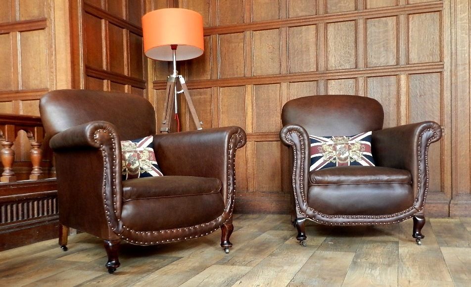 Pair of Antique Cigar Brown Tan Aniline Leather Library Gentlemans Club Chairs