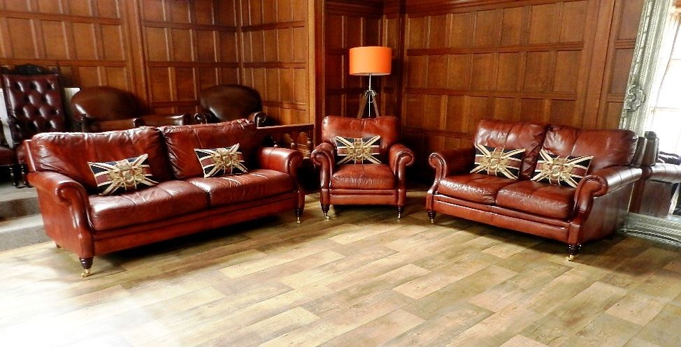 Victorian Style Chestnut Tan Brown Leather Suite 3 & 2 Seater Club Sofa Armchair