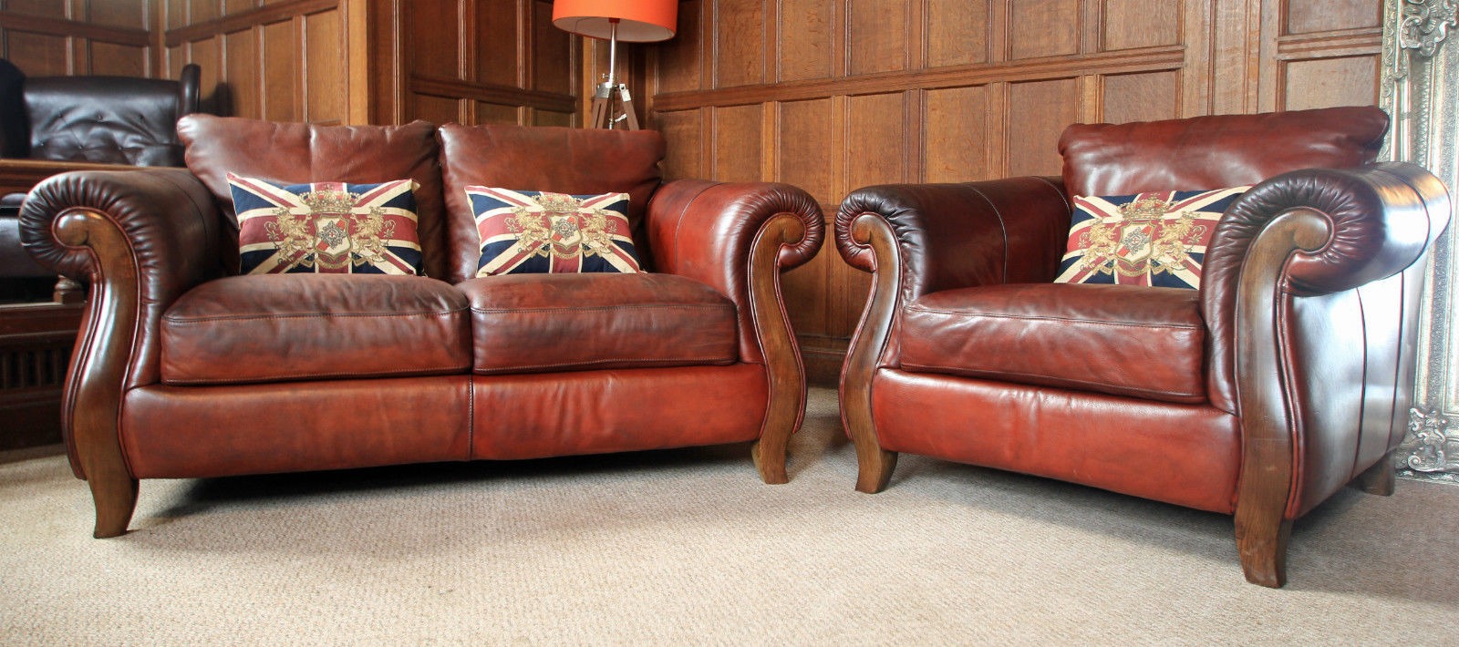 -252 Victorian Style Cigar Conker Brown Leather Suite 2 Seater Sofa & Armchair