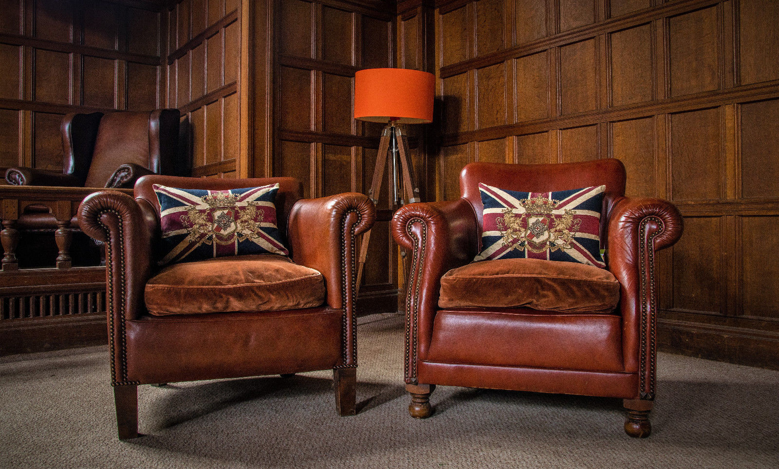 Pair Tetrad Camford & Keats Antique Tan Leather Chesterfield Club Chairs & Stool