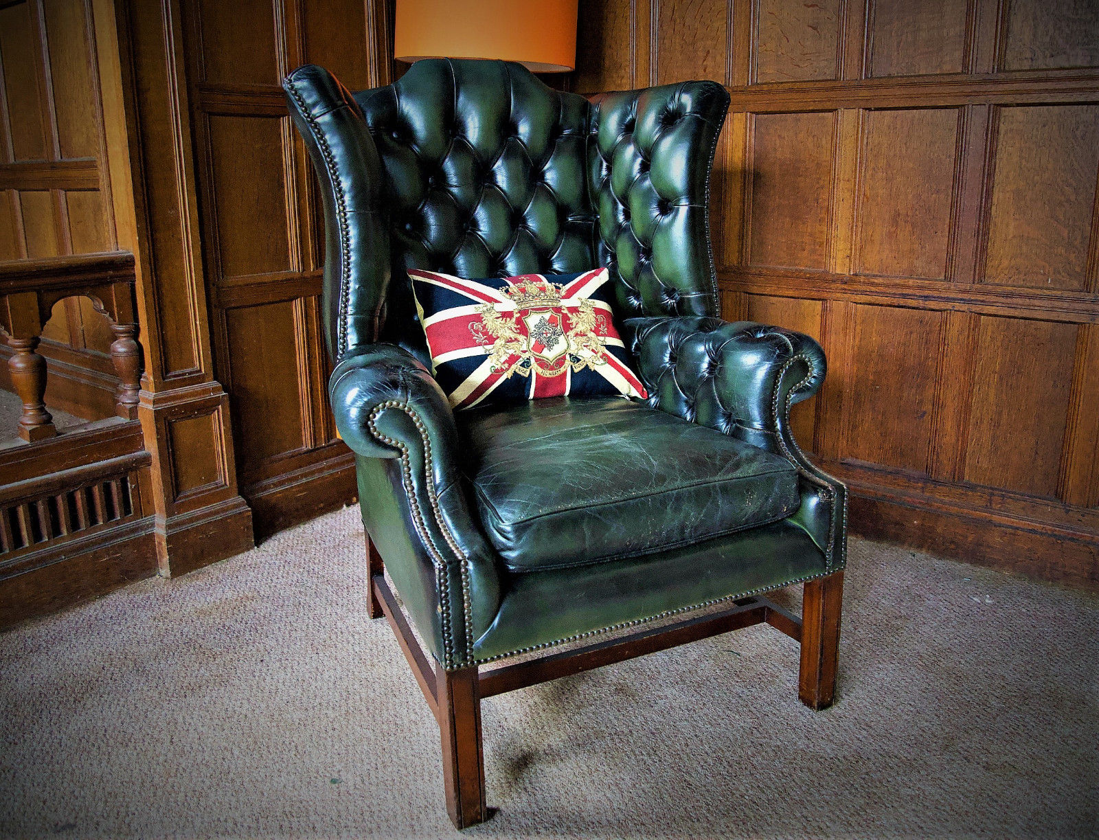Georgian Antique Style Green Leather Chesterfield Library Wingback Armchair