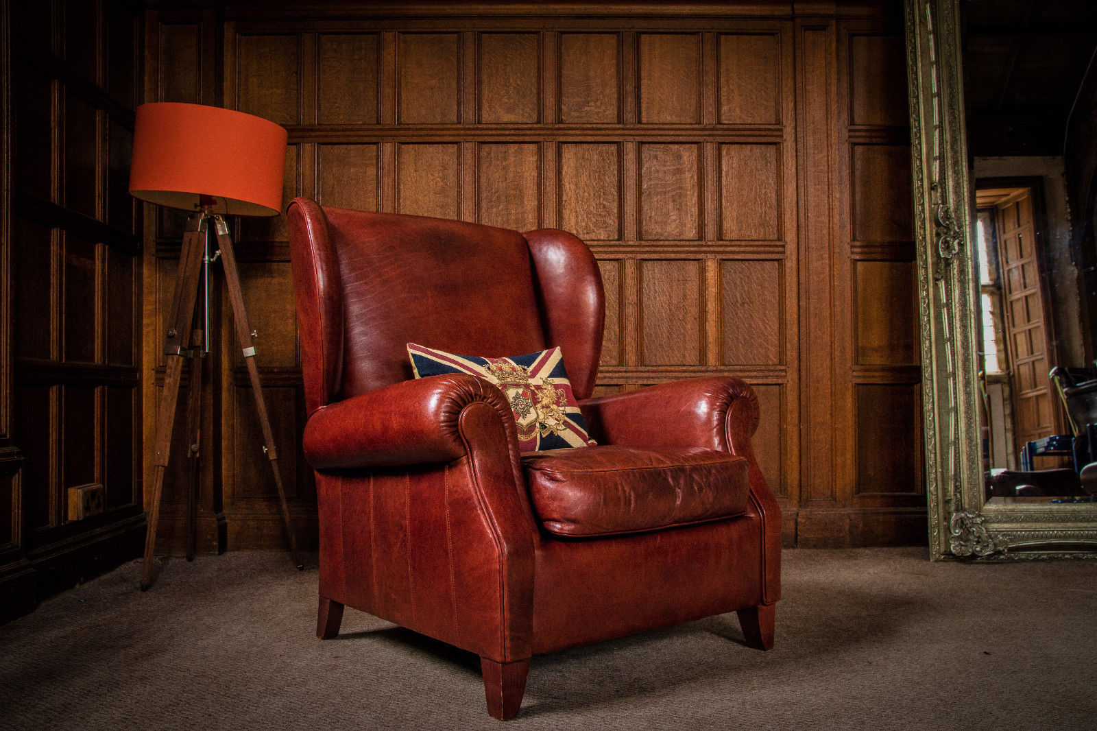 Tetrad Wide Chestnut Tan Brown Leather Chesterfield Library Wingback Armchair