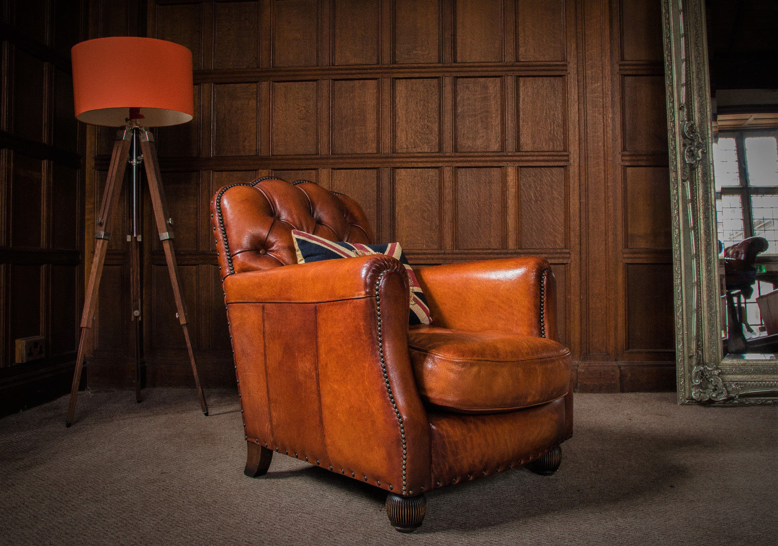 Tetrad Oskar Art Deco Antique Tan Brown Leather Chesterfield Club Library Chair