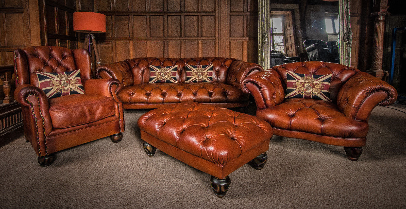 Tetrad Oskar Tan Brown Leather Suite 3/4 Seater Sofa Wingback Club Chair & Stool
