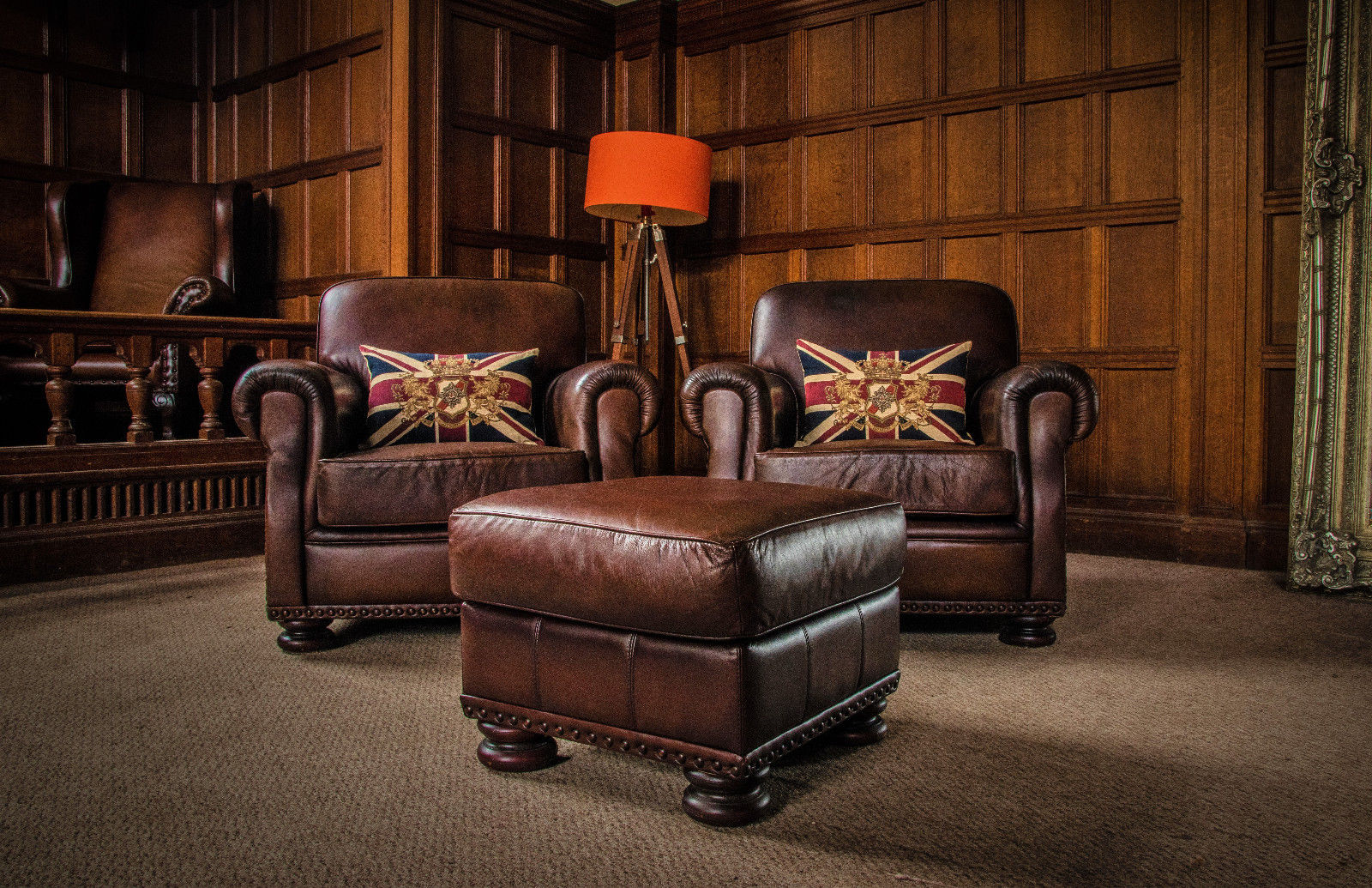 Pair of Tetrad Stornoway French Antique Cigar Brown Leather Club Chairs & Stool