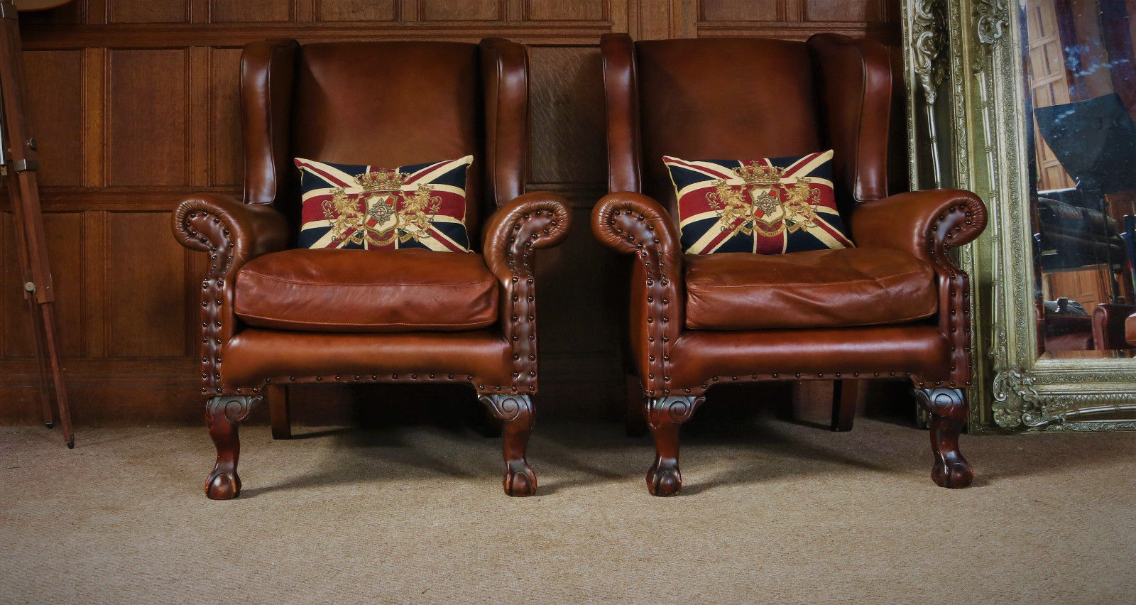 Pair of Tetrad Compton John Lewis Antique Tan Brown Leather Club Library Chairs