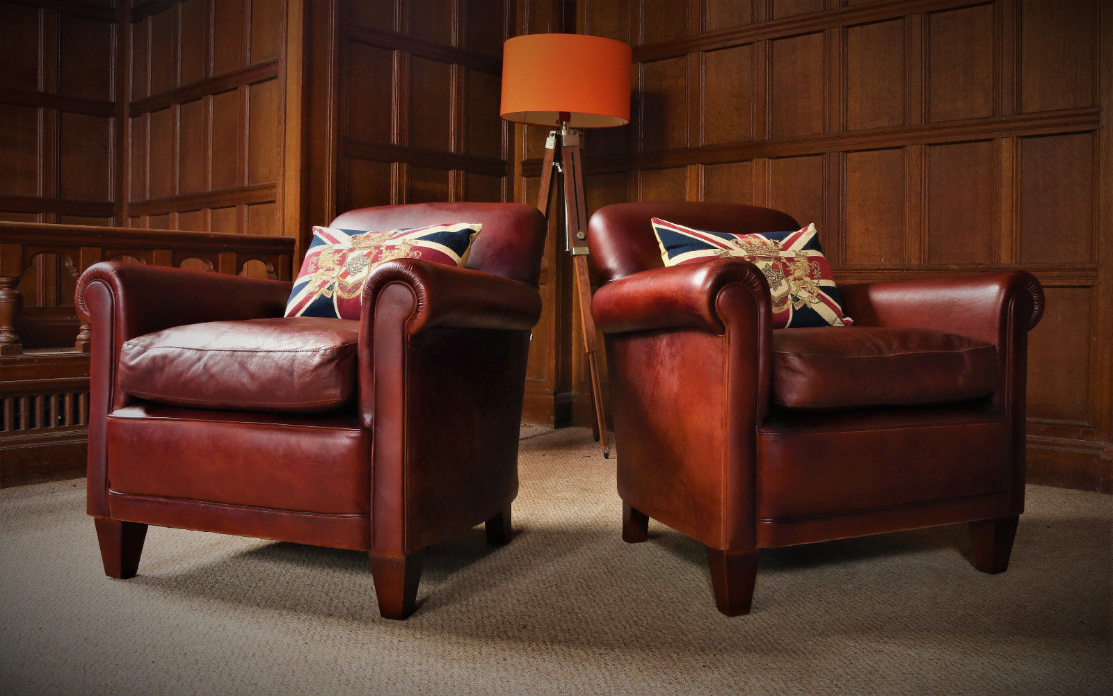 Pair of Laura Ashley Burlington Antique Distressed Brown Leather Club Armchairs