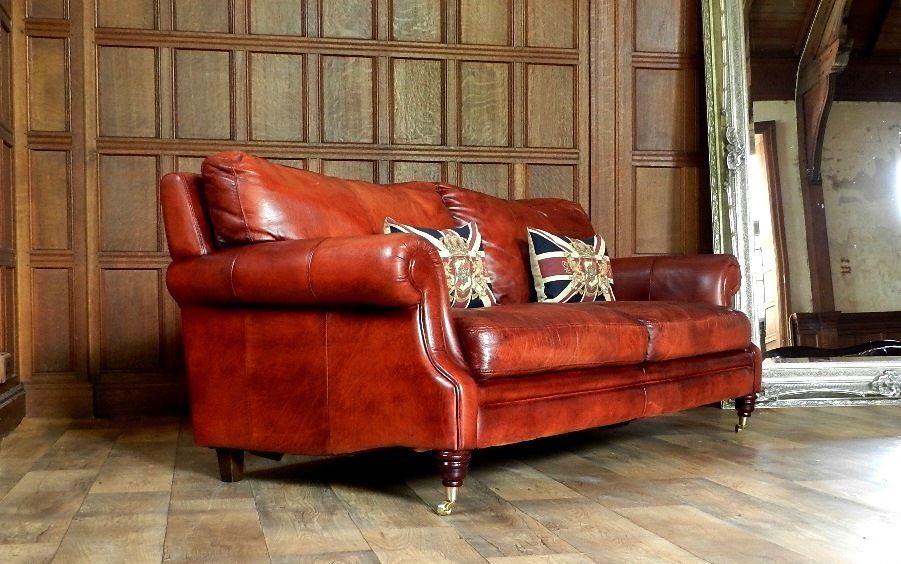 Pair of Victorian Style Chestnut Antique Tan Brown Leather 3 Seater Club Sofas