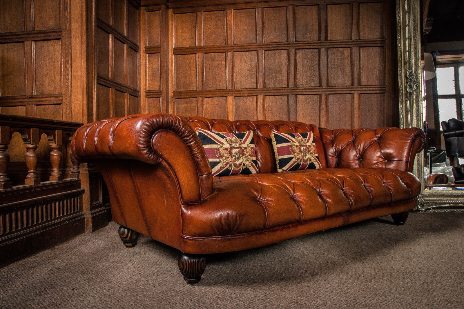 Large Tetrad Grand Tour Oskar Tan Brown Leather Chesterfield 3/4 Seat Club Sofa