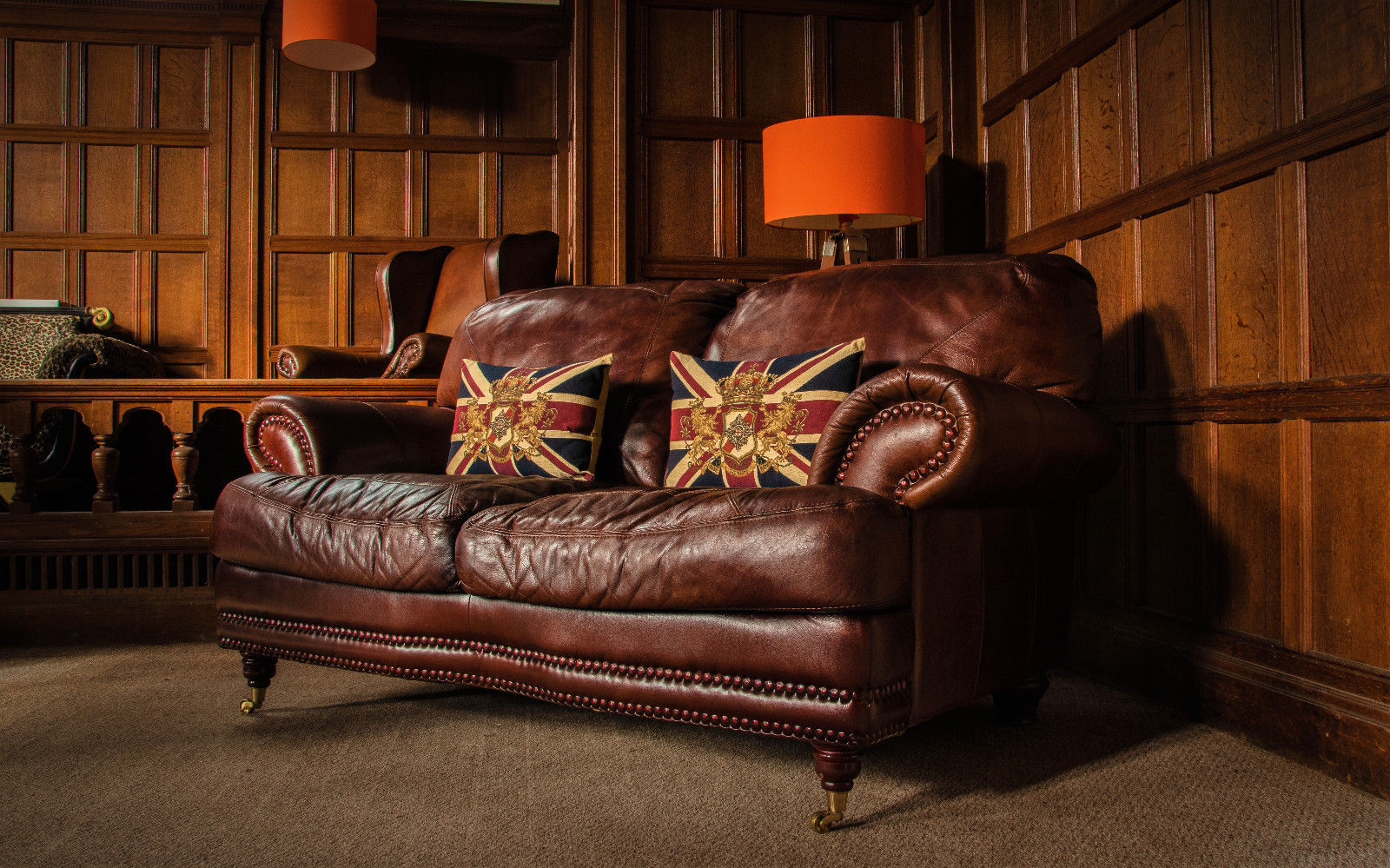 Stud Detail Cigar Brown Hand Dyed Leather 2/3 Seater Chesterfield Club Sofa