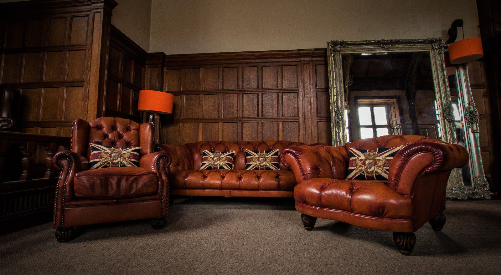 Tetrad Oskar Tan Brown Leather Suite 2/3 Seater Sofa Wingback & Club Armchairs