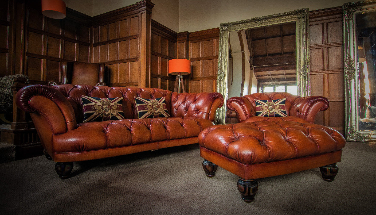 Tetrad Oskar Tan Brown Leather Suite 2/3 Seater Sofa Club Armchair & Footstool