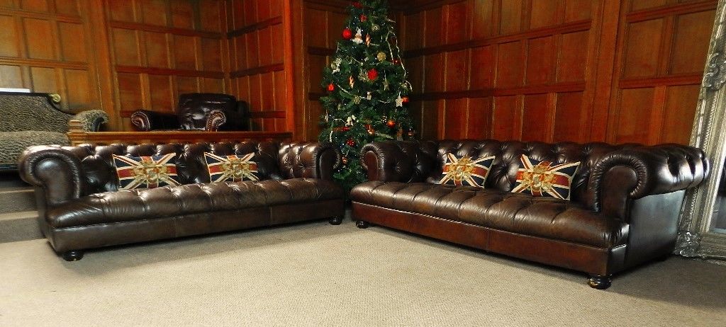 Pair of Tetrad Grand Drummond John Lewis Antique Brown Leather Chesterfield Sofa