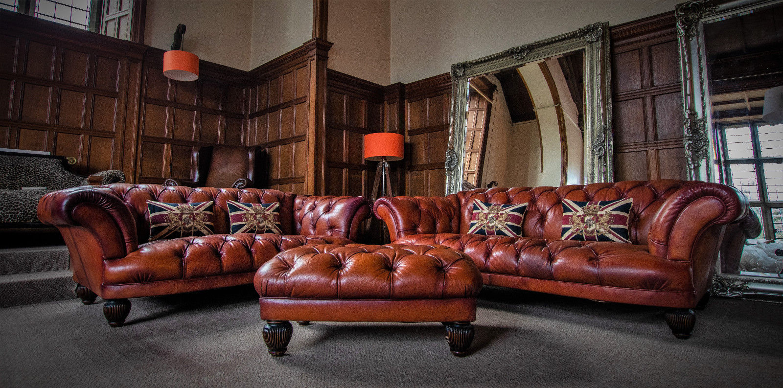 Pair Tetrad Oskar Brown Leather Chesterfield 2/3 & 3/4 Seater Sofas Stool Suite