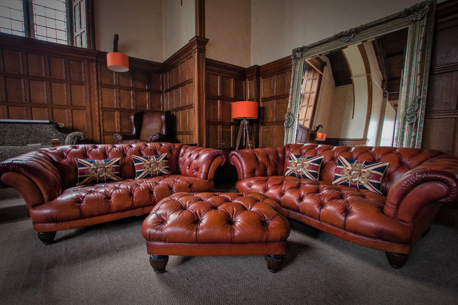 Pair of Tetrad Oskar Tan Brown Leather Chesterfield 2/3 Seater Sofas Stool Suite