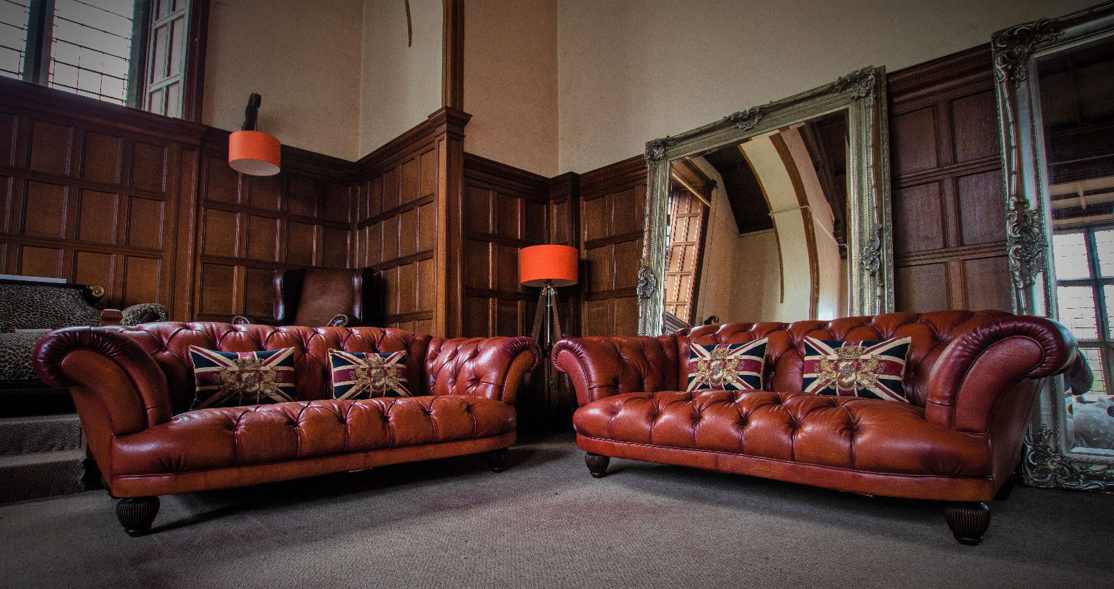Pair of Tetrad Oskar Tan Brown Leather Chesterfield 2/3 Seater Sofas Suite