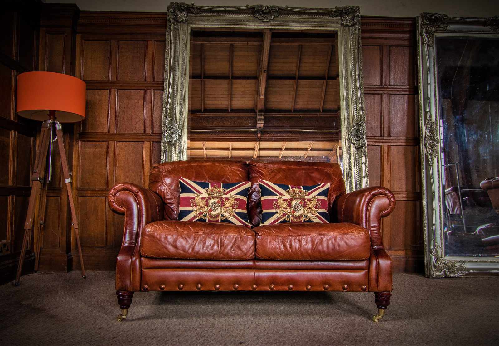 Victorian Style Chestnut Antique Tan Brown Stud Leather 2 Seater Club Sofa